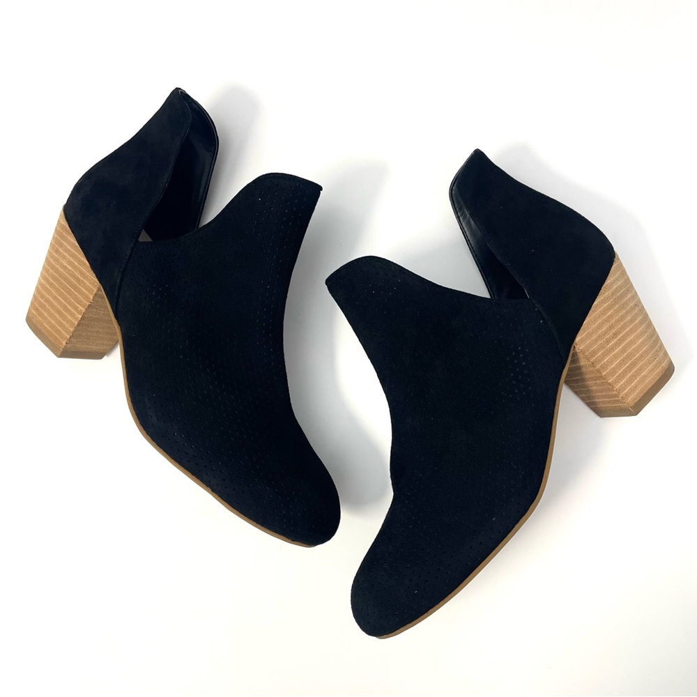 Cole Haan Black Suede Cutout Ankle Booties with Tan Stacked Heel